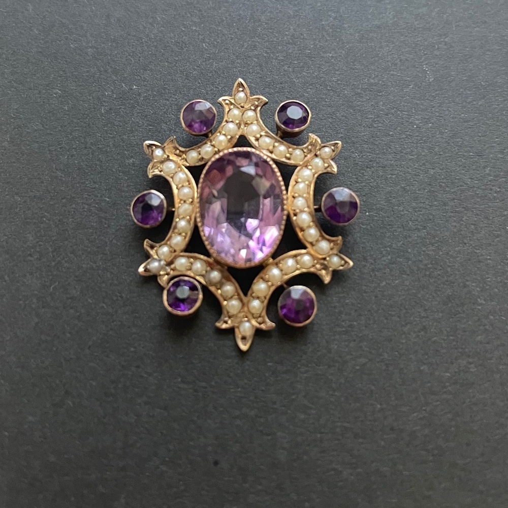 Antique Stunning SOLID 9ct GOLD amethyst and pearl statement pendant
